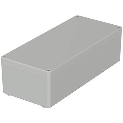 Un boîtier rectangulaire en plastique gris aux bords arrondis, avec des vis dans les coins.