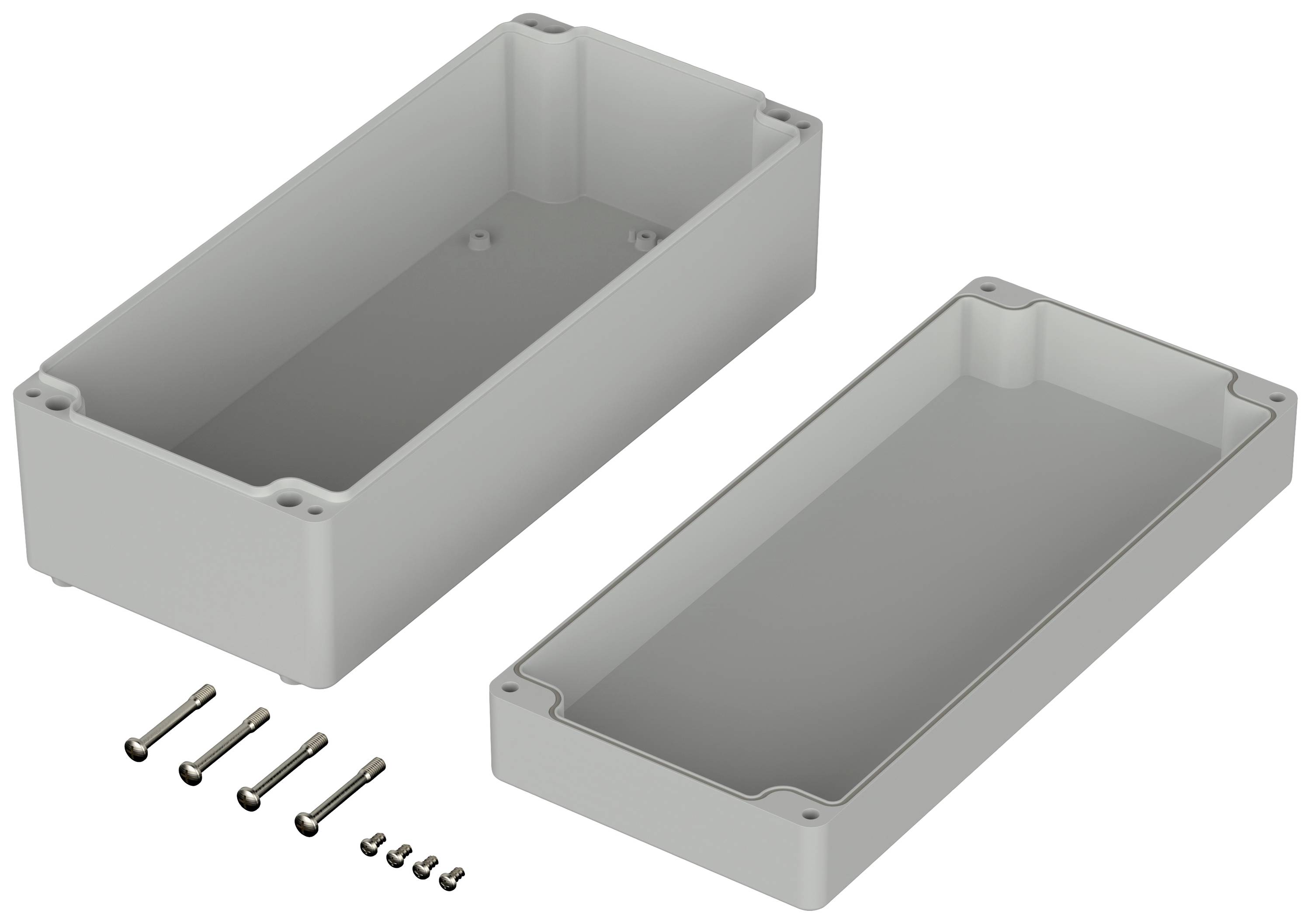 Boîtier en plastique en deux parties, moitié supérieure et moitié inférieure. À côté se trouvent des vis de fixation.