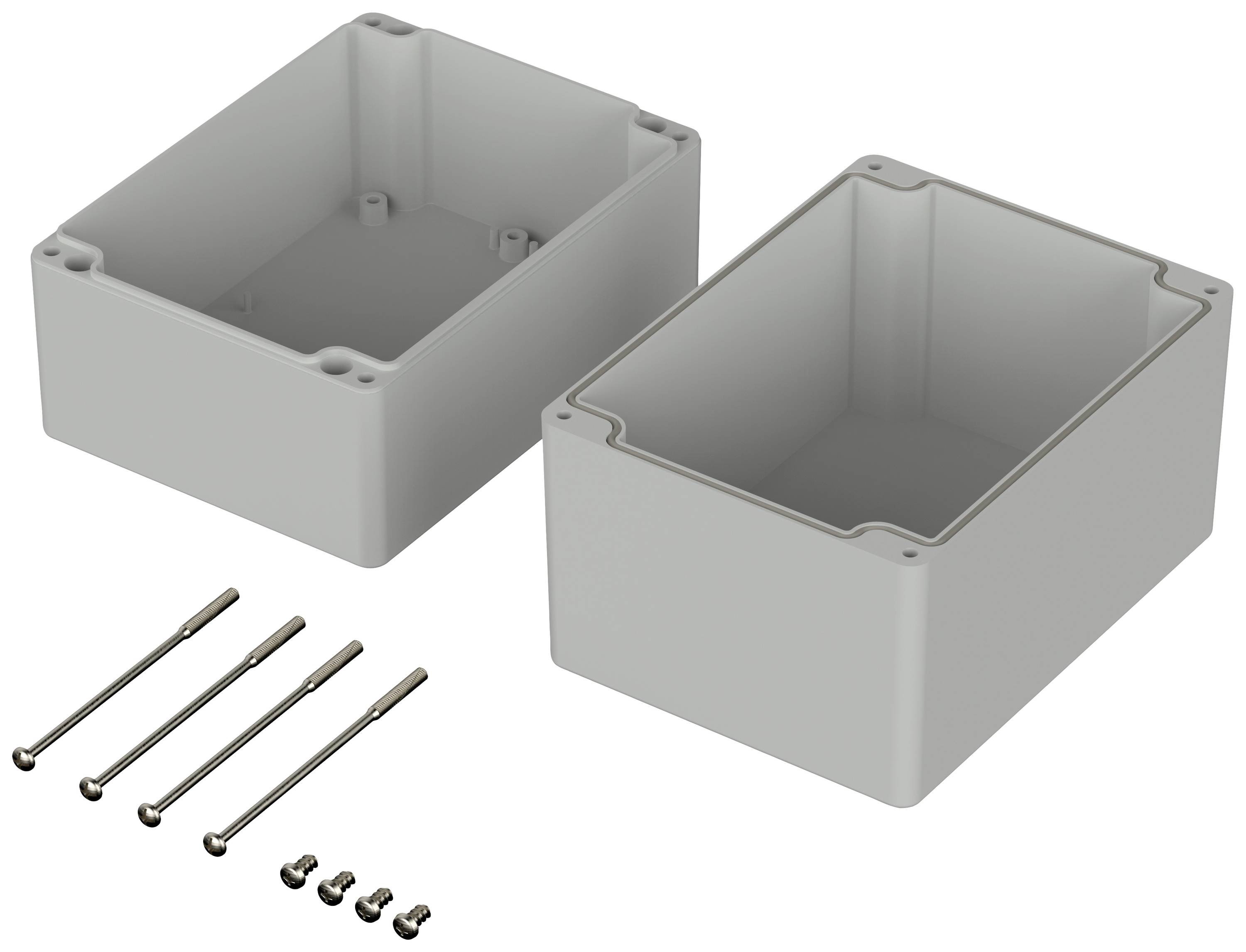 Deux boîtiers en plastique gris et des vis de fixation.