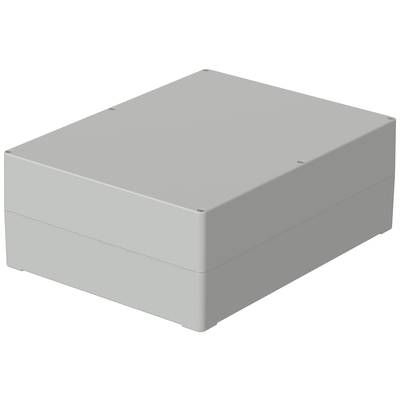 Boîtier gris rectangulaire en plastique, aux angles arrondis, fixé par des vis aux coins, sur un fond blanc.