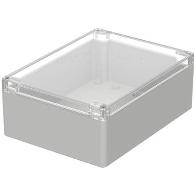 Boîtier rectangulaire en plastique transparent avec couvercle clair, adapté aux composants électroniques ou à la protection de petites pièces.