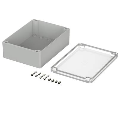 Ensemble de boîtier composé d'un boîtier rectangulaire en plastique gris et d'un couvercle transparent. Six vis sont disposées à côté.