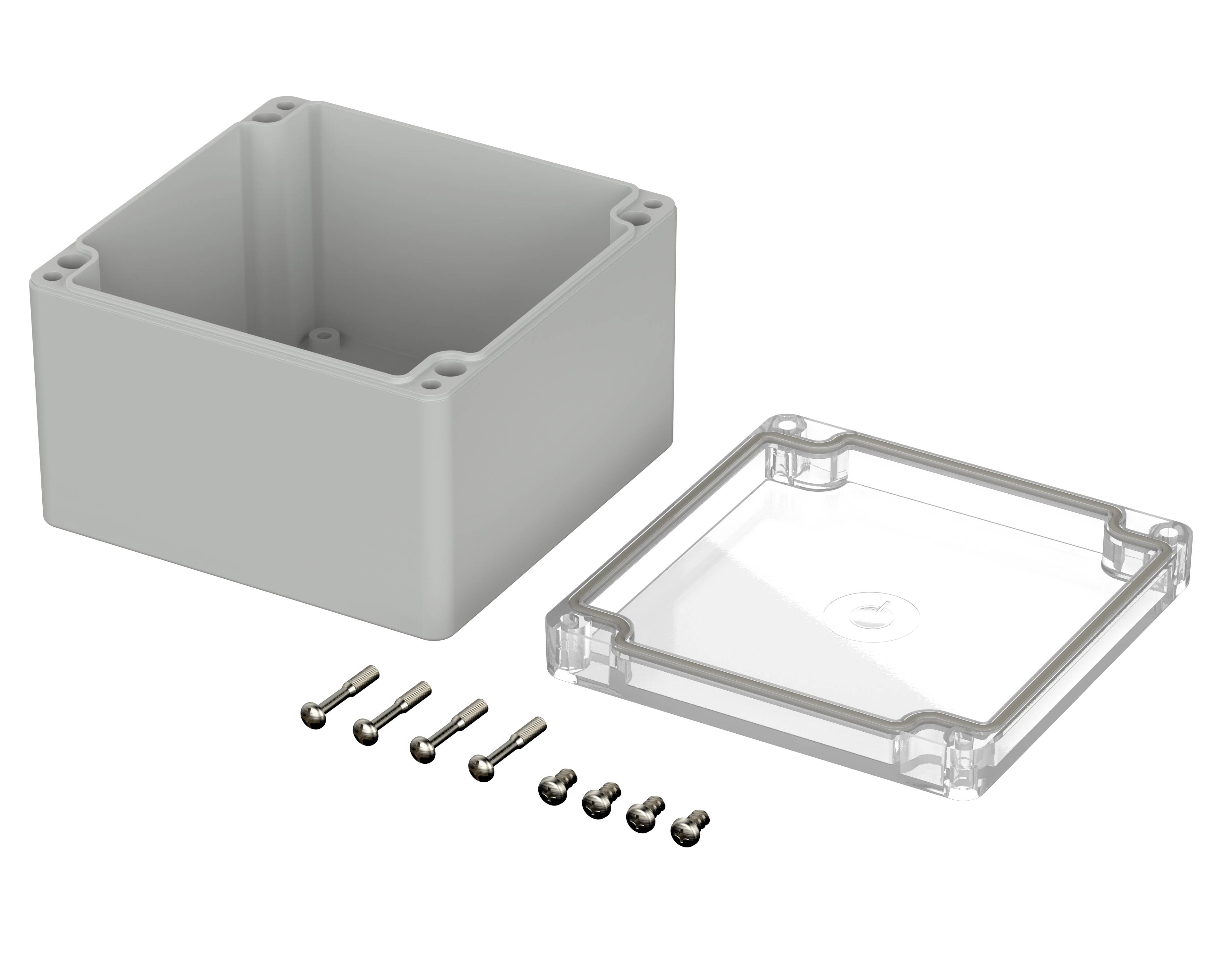 Kit de boîtier avec boîtier carré gris, couvercle transparent et huit vis. Adapté pour les projotypes et projets électroniques.