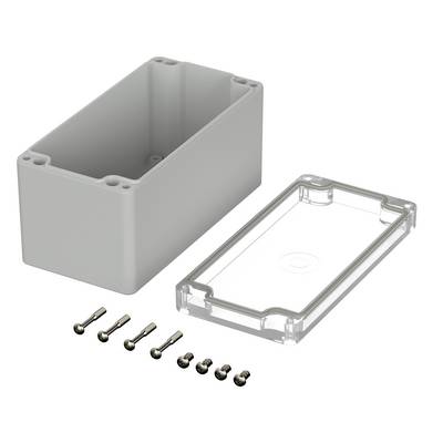 Boîtier rectangulaire gris avec un couvercle transparent amovible et six vis argentées à côté.