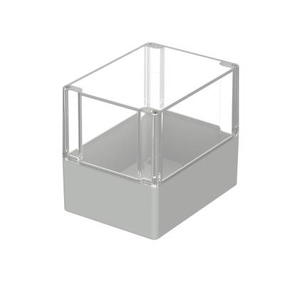 Récipient en plastique transparent de forme rectangulaire avec un couvercle amovible, sur un fond neutre.