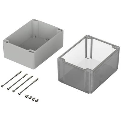 Ensemble de boîtier comprenant un fond gris et un couvercle transparent. Cinq vis et cinq écrous de montage sont fournis.