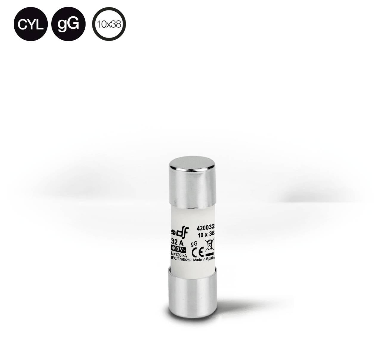 Fusible cylindrique marqué « gG » 10x38 et 32A, montré sur un fond blanc.