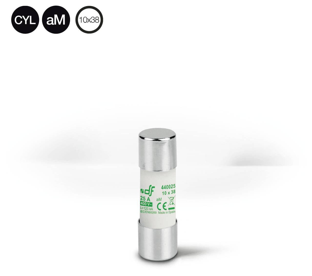 Cartouche fusible cylindrique étiquetée « CYL aM 10x38 » se tenant debout sur un fond blanc.