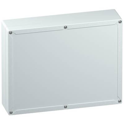 Boîtier rectangulaire gris avec des vis aux angles, sur un fond blanc.