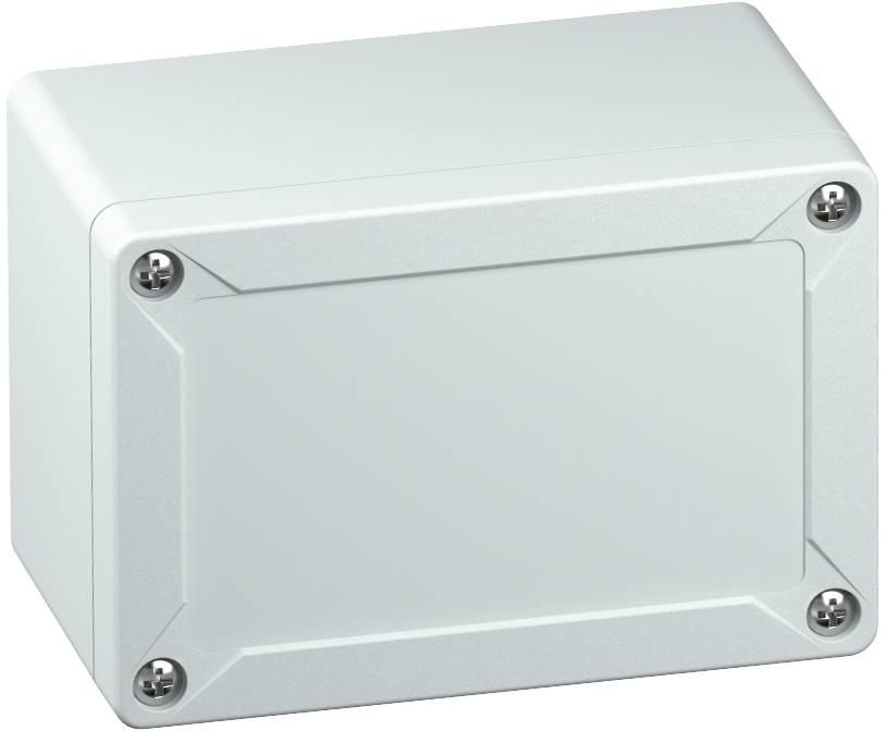 Un boîtier rectangulaire gris avec quatre vis visibles aux coins. Le boîtier est fermé et lisse.