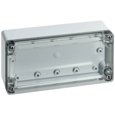 Un boîtier de protection rectangulaire transparent en plastique, muni de quatre vis dans les coins, adapté pour les connexions électroniques et les câbles.