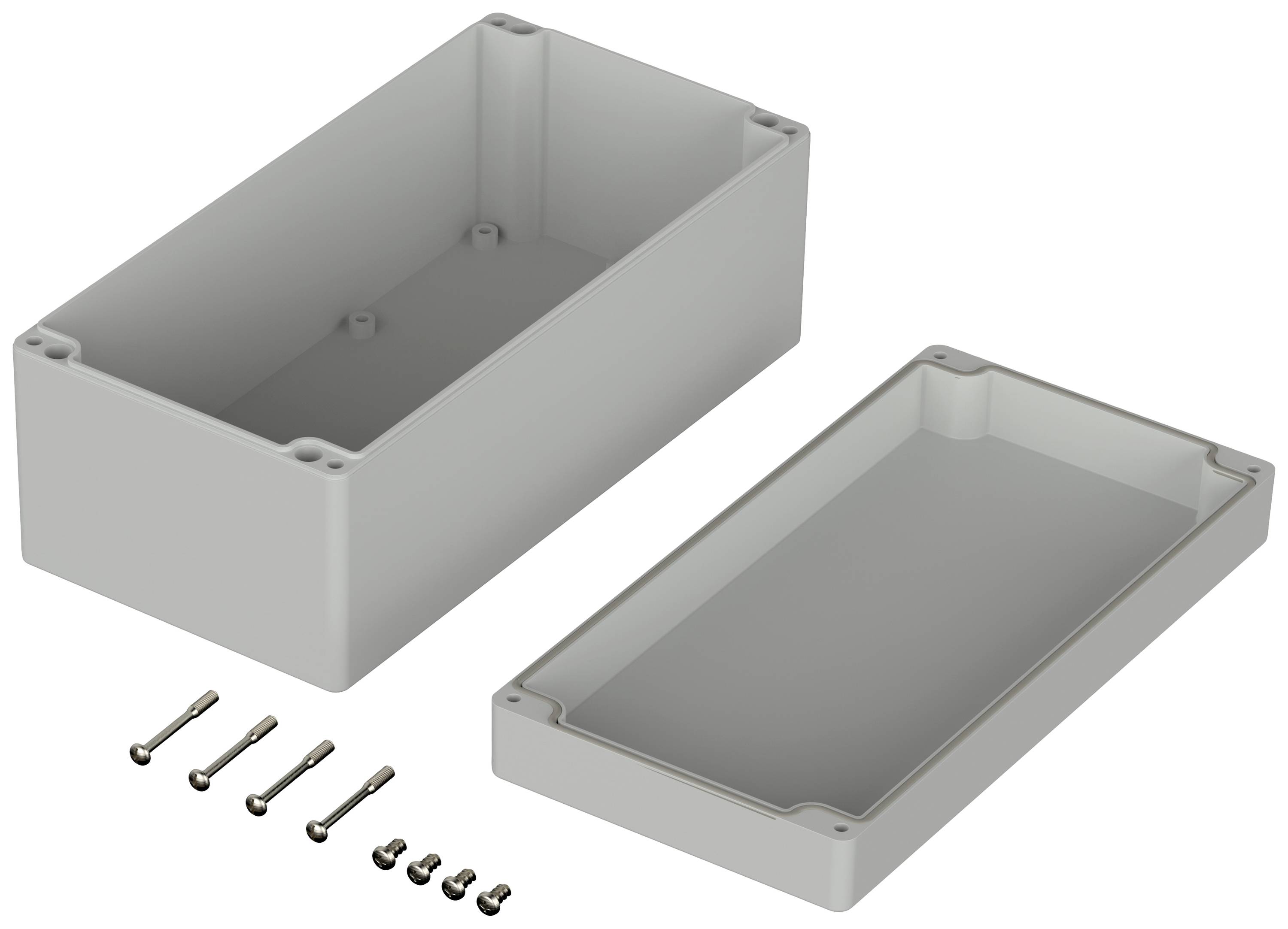 Ensemble de boîtier : Boîtier gris en deux parties avec vis fournies, adapté pour protéger les composants électroniques.