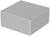Un boîtier rectangulaire en plastique gris avec quatre vis aux coins. Il est fermé et présente une surface lisse.