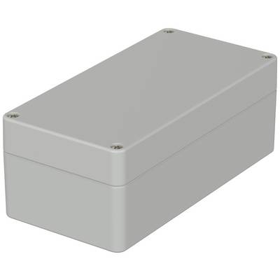 Boîtier rectangulaire gris en plastique avec des vis dans les coins, probablement destiné à des composants électroniques ou des connexions.