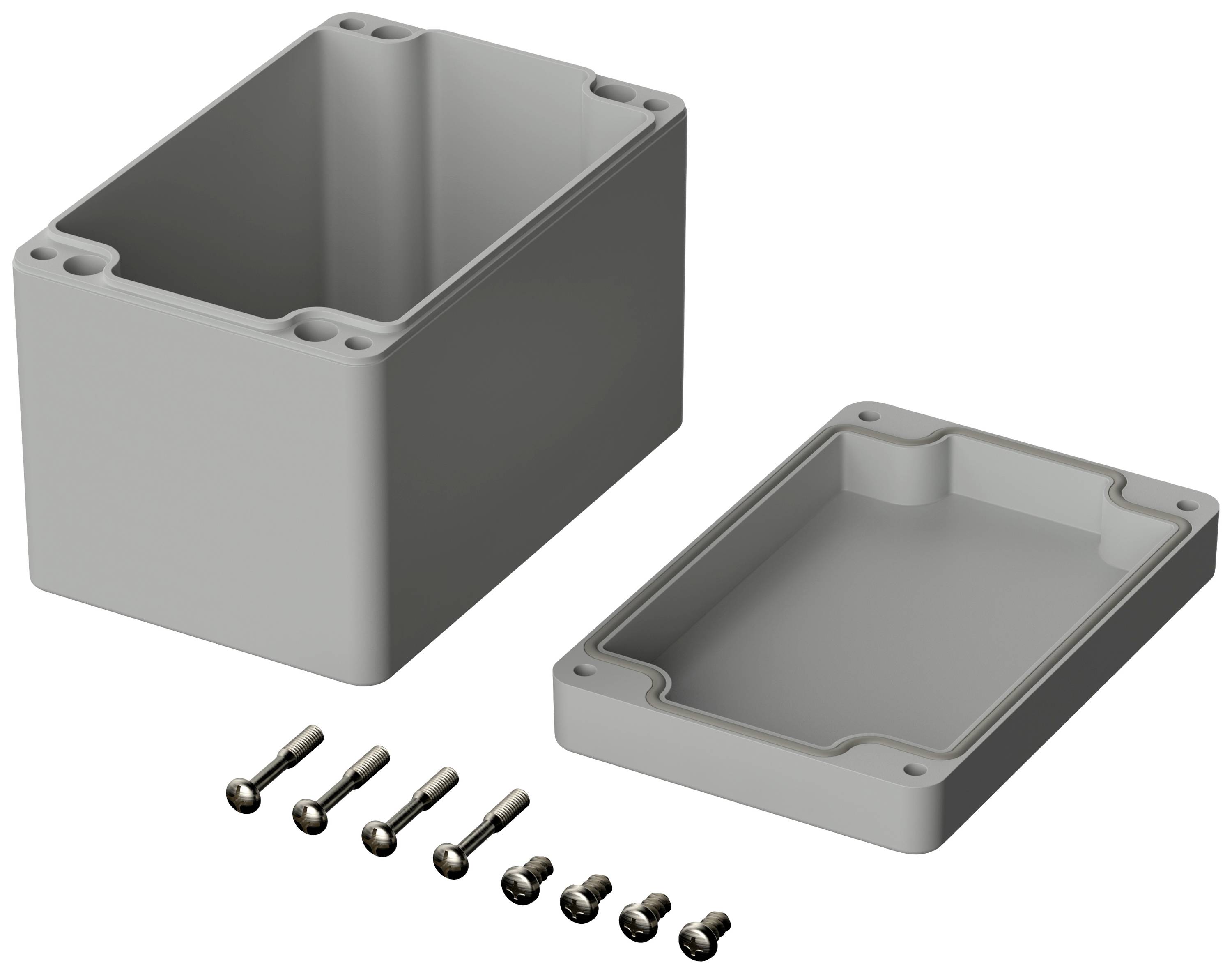 Boîtier rectangulaire gris avec couvercle amovible et huit vis. Principalement utilisé pour le rangement sécurisé de composants électroniques.