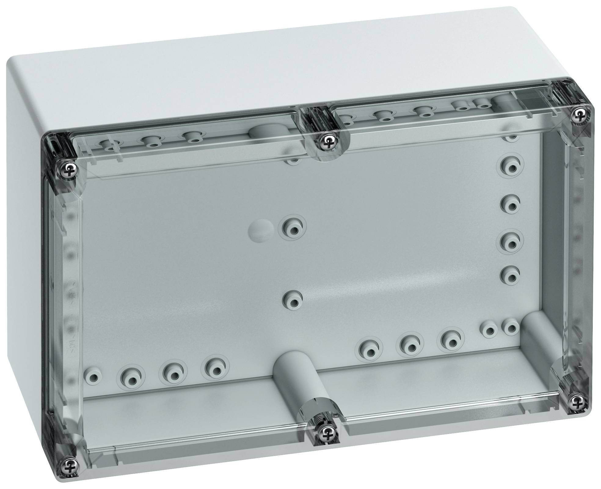 Un boîtier rectangulaire en plastique vide avec un couvercle transparent et des vis aux angles, utilisé pour les composants électroniques.