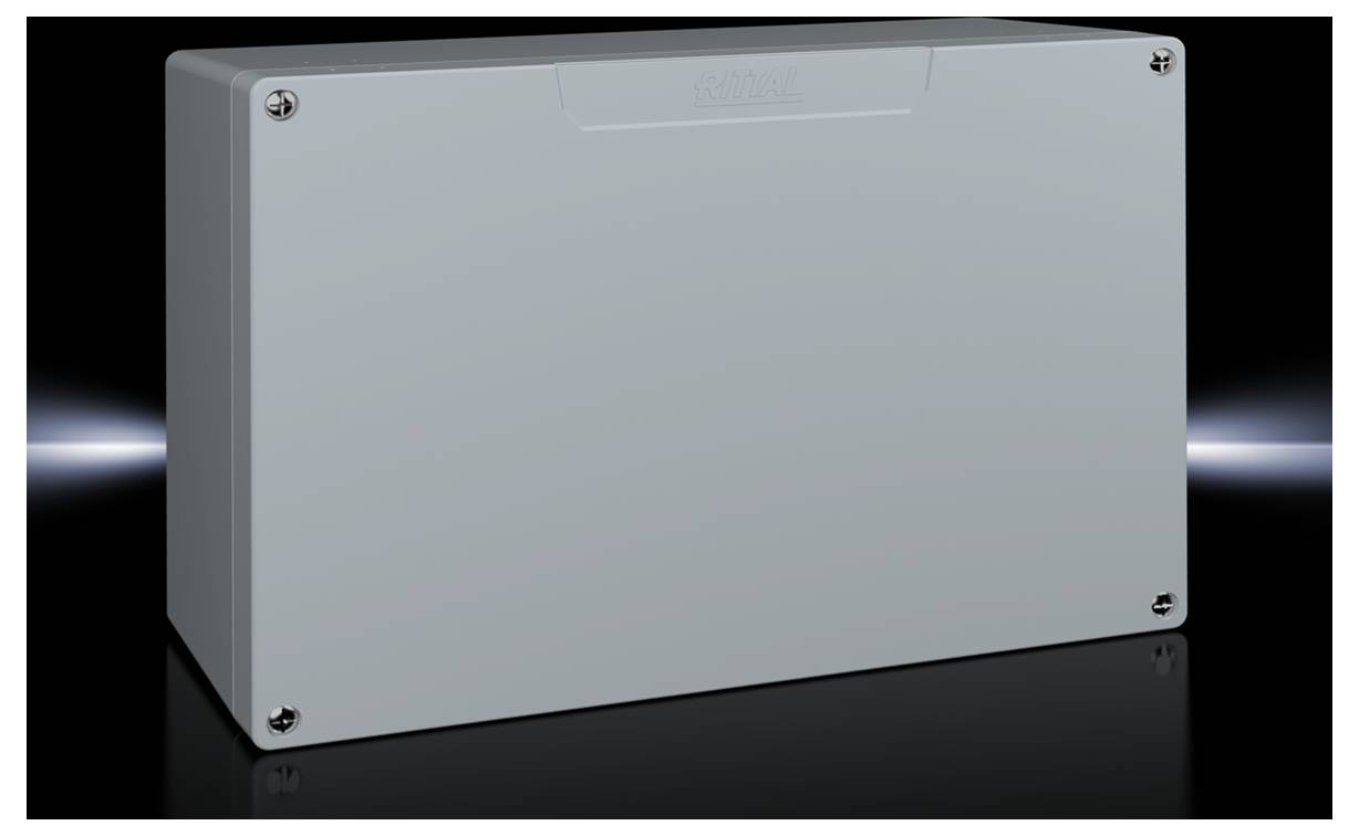 Boîtier gris rectangulaire avec quatre vis visibles aux coins, sur un fond noir.