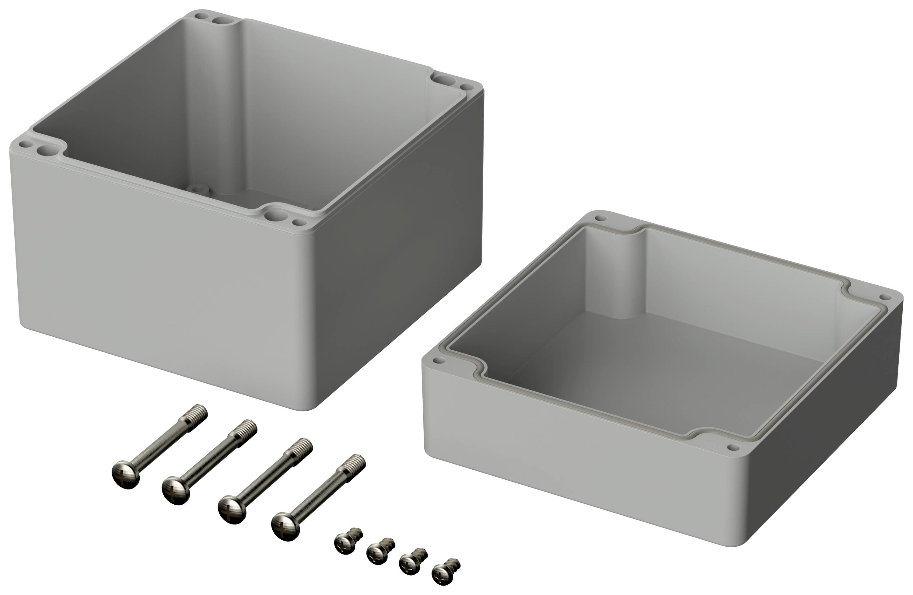 Boîtier en plastique en deux parties, montré avec quatre vis oblongues et quatre vis plus petites pour la fixation des parties.