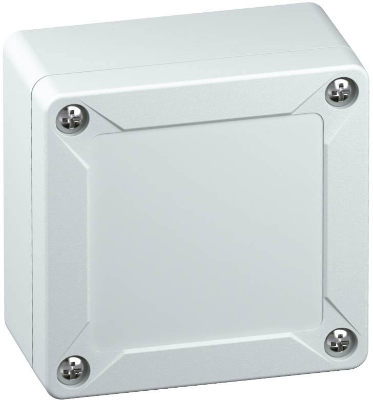 Un manchon de connexion en plastique gris, de forme carrée, muni de quatre vis aux angles, utilisé pour protéger les connexions électriques.