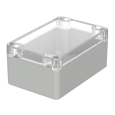 Boîtier rectangulaire en plastique avec couvercle transparent, adapté aux composants électroniques ou aux circuits.