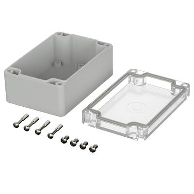 Boîtier rectangulaire gris avec un couvercle transparent. Six vis sont posées à côté.