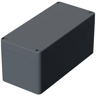 Un boîtier rectangulaire en plastique gris foncé aux angles arrondis, maintenu par quatre vis fixant le couvercle.