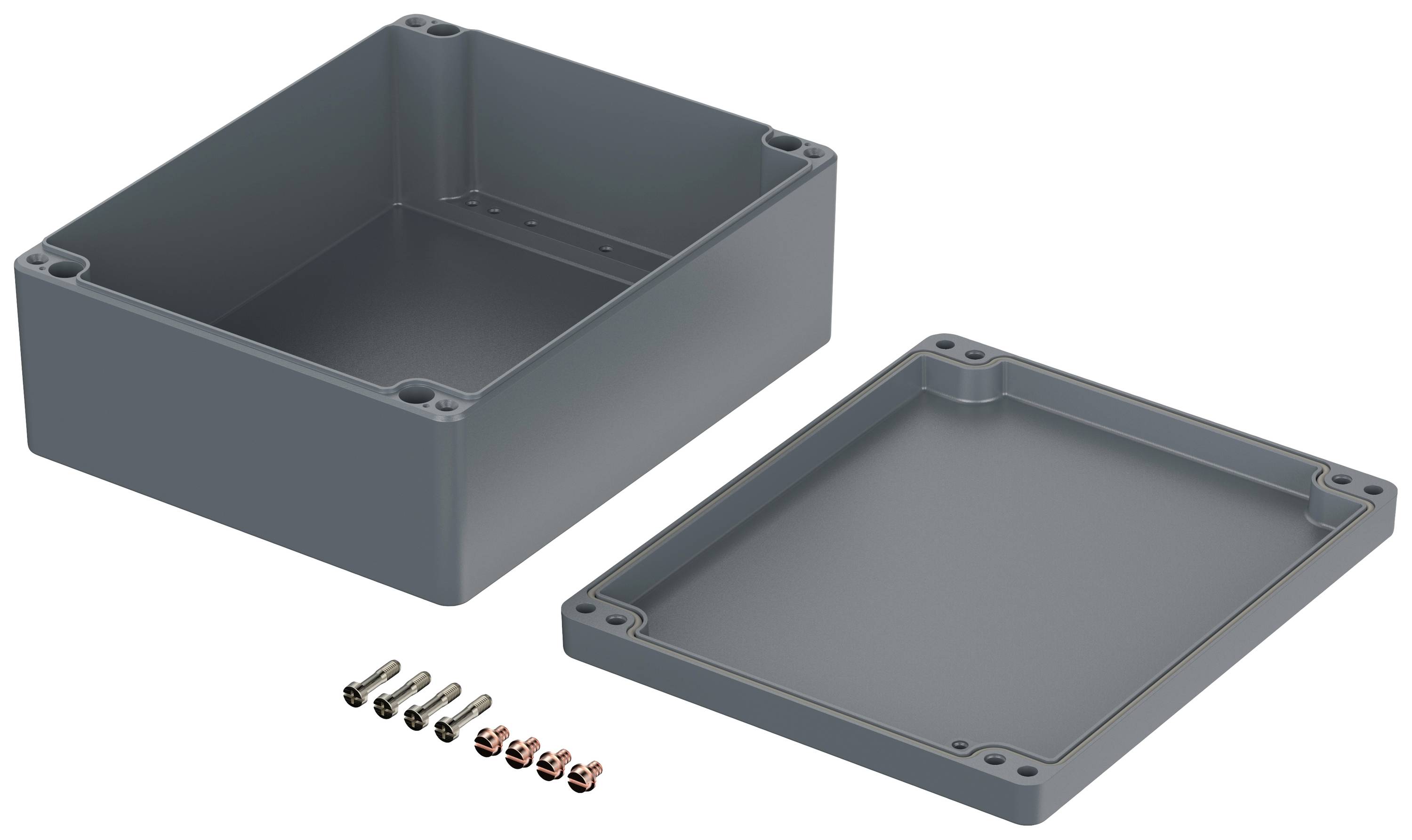 Boîte en plastique gris-orange avec couvercle amovible, à côté de laquelle sont posées des vis. Adaptée pour boîtiers électroniques ou raccordements.