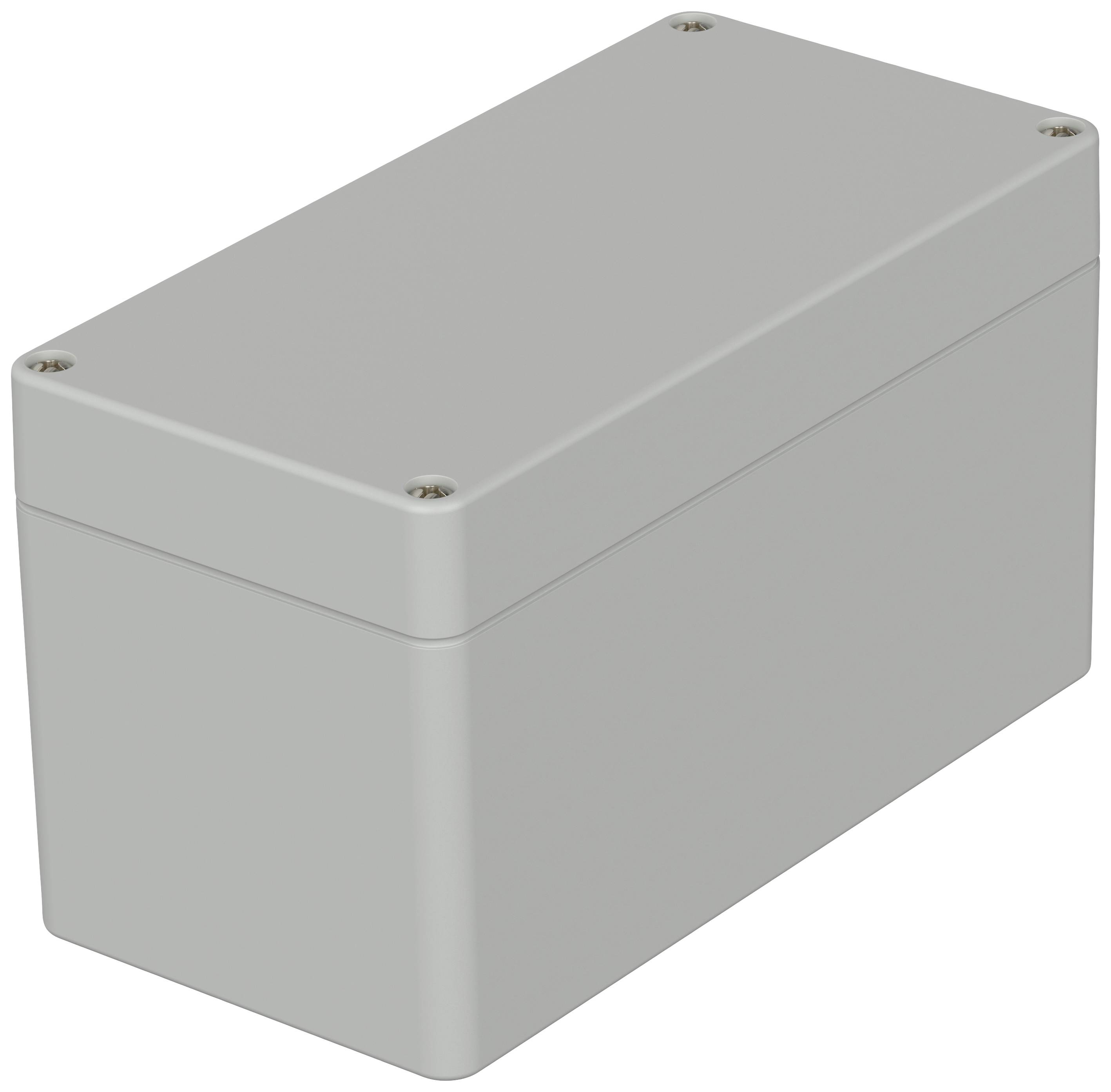 Boîtier en plastique gris, rectangulaire, fermé, avec quatre vis aux angles.