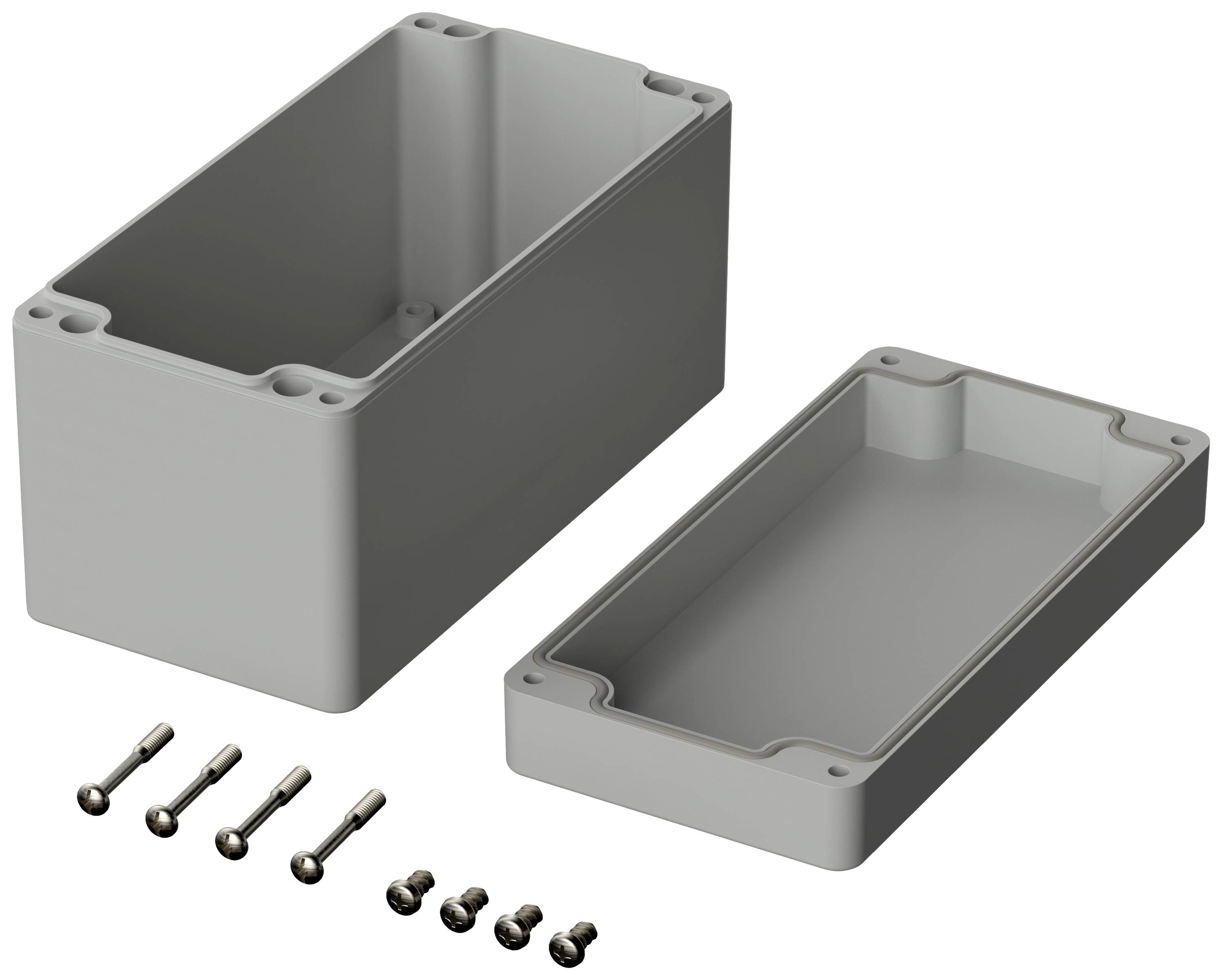 Boîtier en plastique gris, en deux parties, avec vis de fixation. Adapté pour le montage électronique.