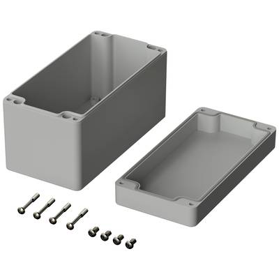 Boîtier en plastique gris, en deux parties, avec vis de fixation. Adapté pour le montage électronique.