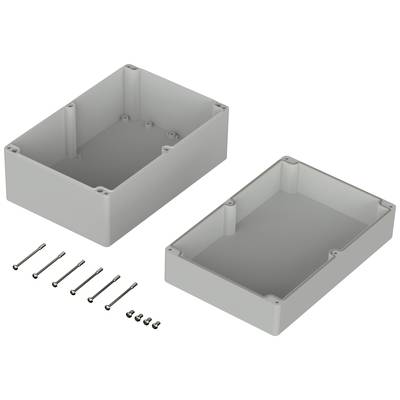 Un boîtier rectangulaire en plastique gris en deux parties, avec des vis à côté, prêt à être assemblé.