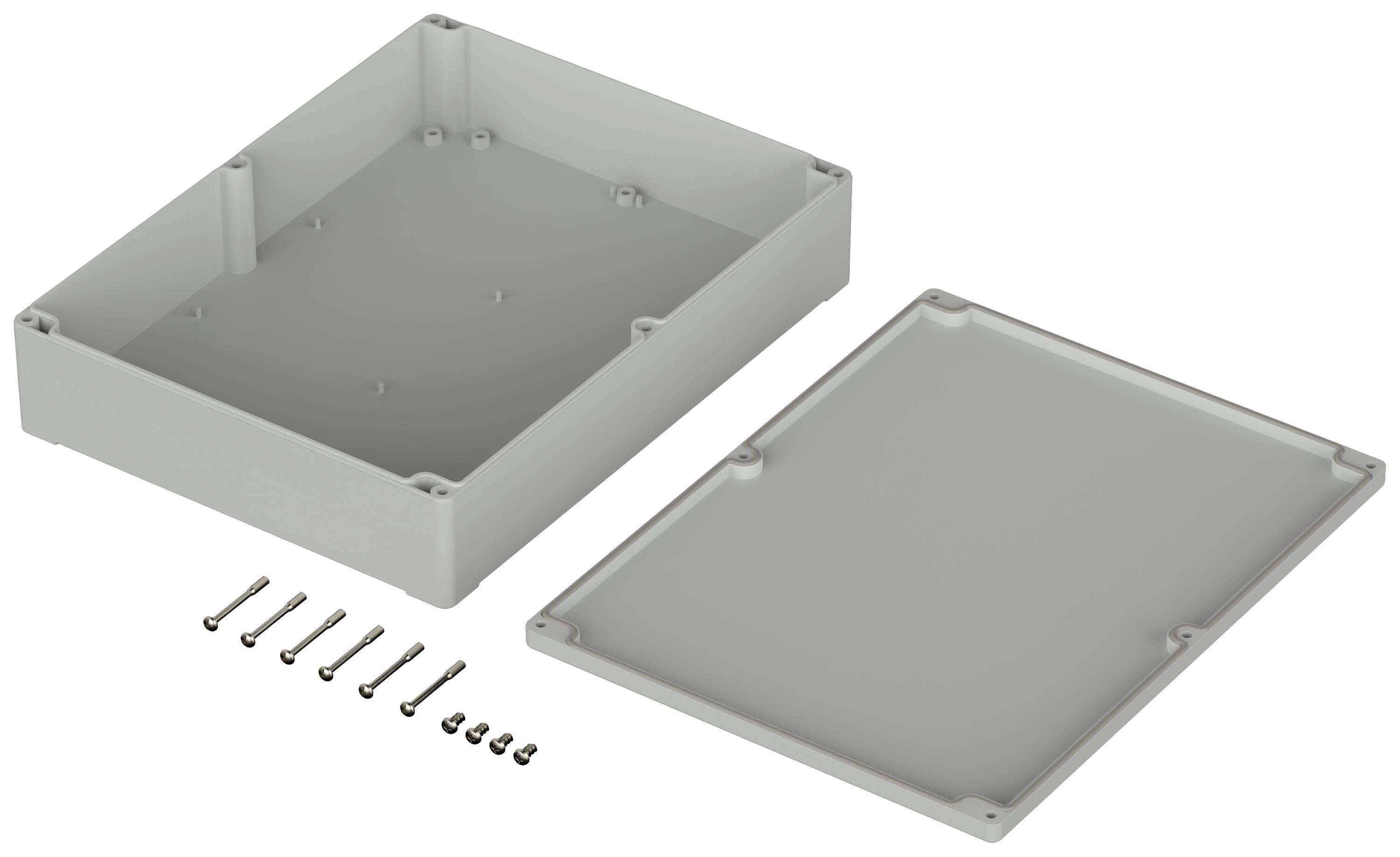 Boîtier rectangulaire gris avec couvercle retiré, à côté duquel se trouve une rangée de sept vis.