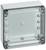 Boîtier en plastique gris, rectangulaire, avec un couvercle transparent et quatre vis aux coins, adapté pour les composants électroniques.