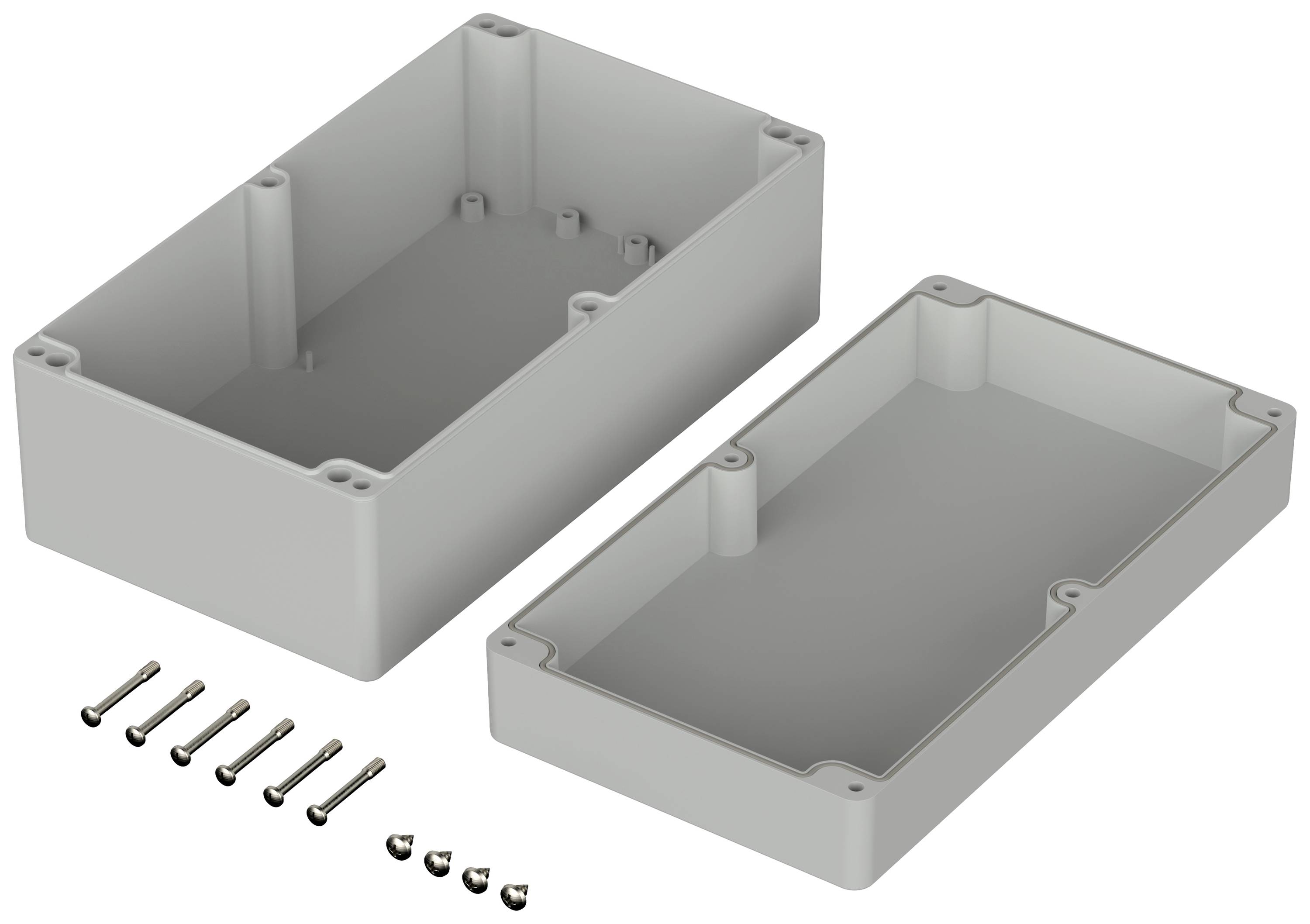 Boîtier en plastique, rectangulaire, ouvert. Des vis sont présentes avec les pièces. Adapté pour la protection des composants électriques.