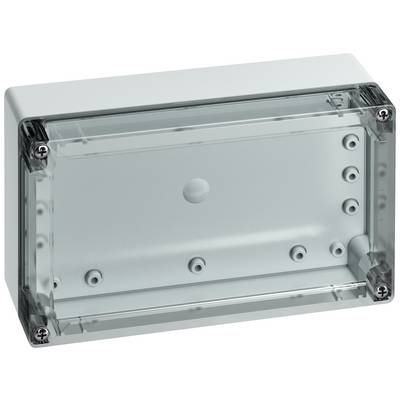 Boîtier rectangulaire en plastique transparent avec des vis aux angles, adapté à la protection des composants électriques.