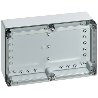 Boîte rectangulaire en plastique grise avec couvercle transparent, fixée solidement au moyen de vis.