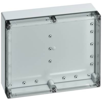 Un boîtier rectangulaire transparent, souvent utilisé pour contenir des composants électriques, doté de plusieurs points de fixation par vis.