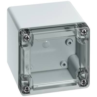 Un boîtier rectangulaire en plastique gris avec un couvercle transparent et quatre vis aux angles, adapté pour un branchement électrique.