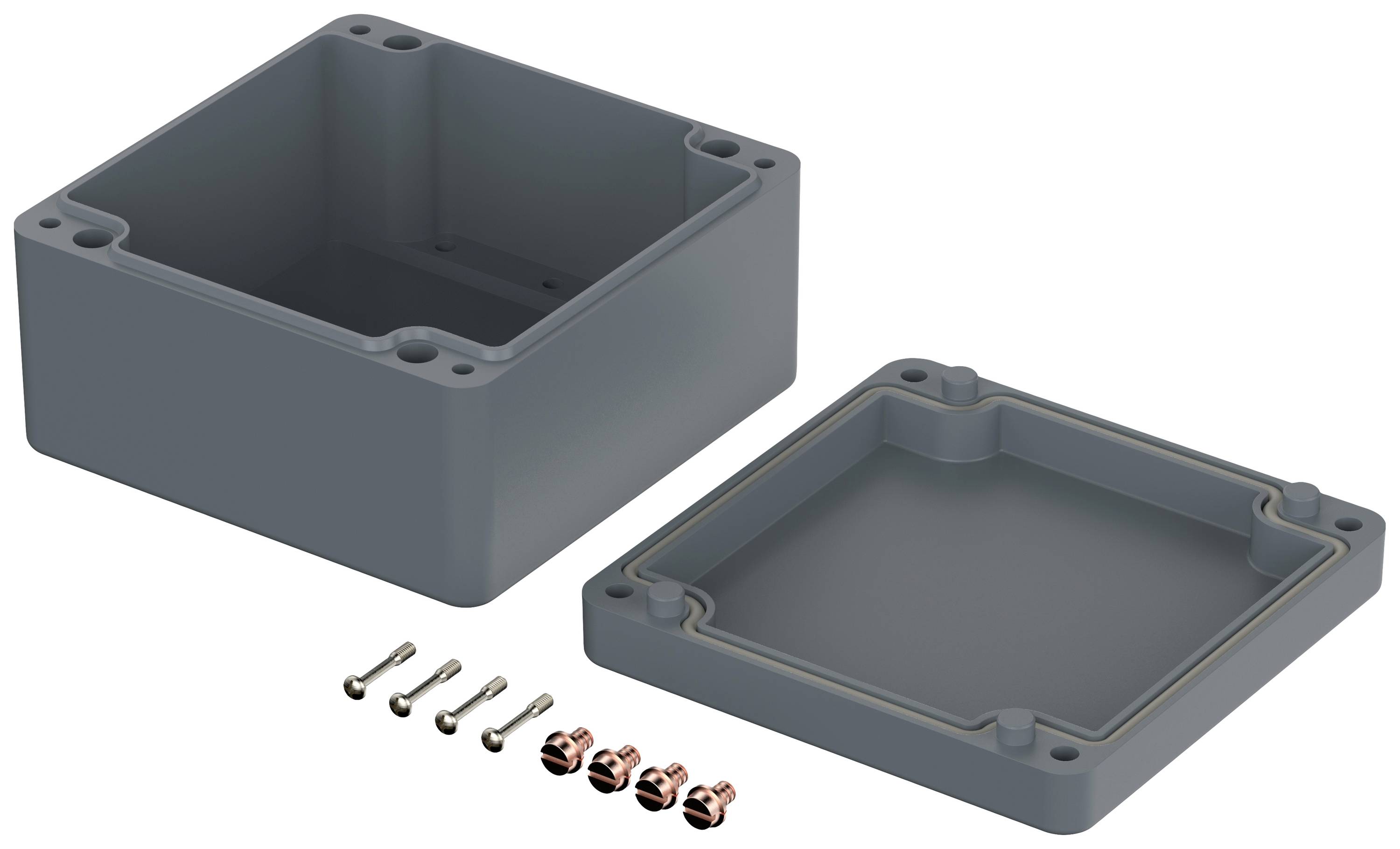 Boîtier gris rectangulaire avec couvercle amovible, 4 vis et 3 serre-câbles. Principalement adapté pour du matériel électronique.