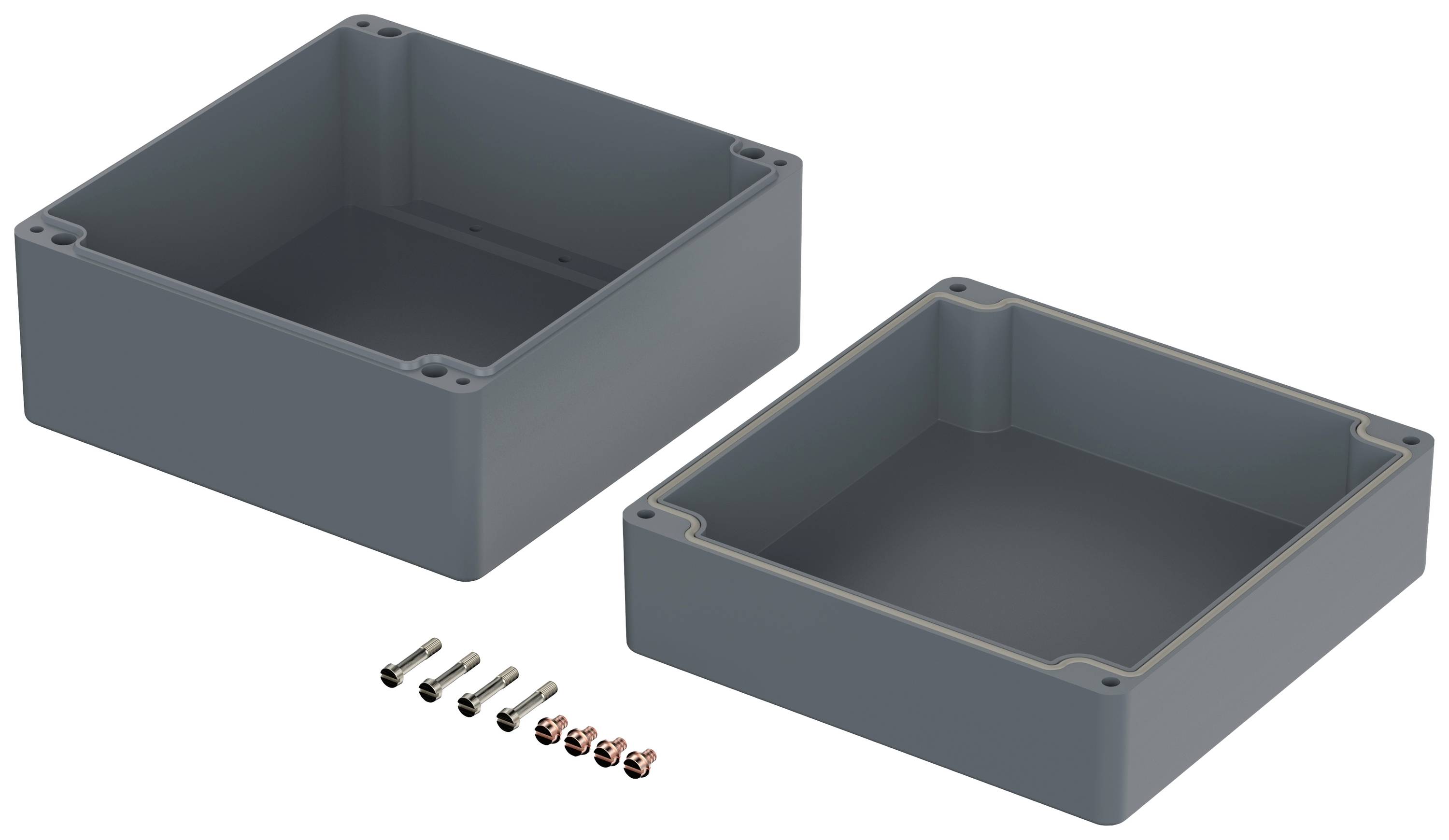 Deux boîtiers en plastique gris aux angles arrondis, l'un avec un couvercle et l'autre sans, sont posés côte à côte. Cinq vis sont disposées en dessous.