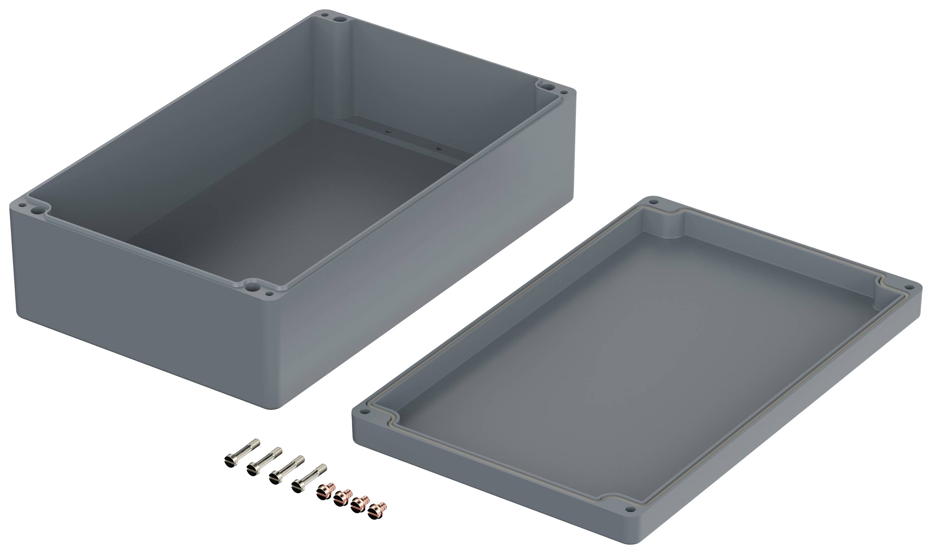 Boîtier en plastique gris en deux parties, fixé par six vis, adapté aux projets électroniques ou aux circuits, présenté ouvert.