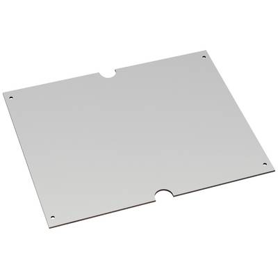 Une plaque métallique rectangulaire avec des découpes arrondies sur deux côtés opposés et quatre perçages dans les coins.