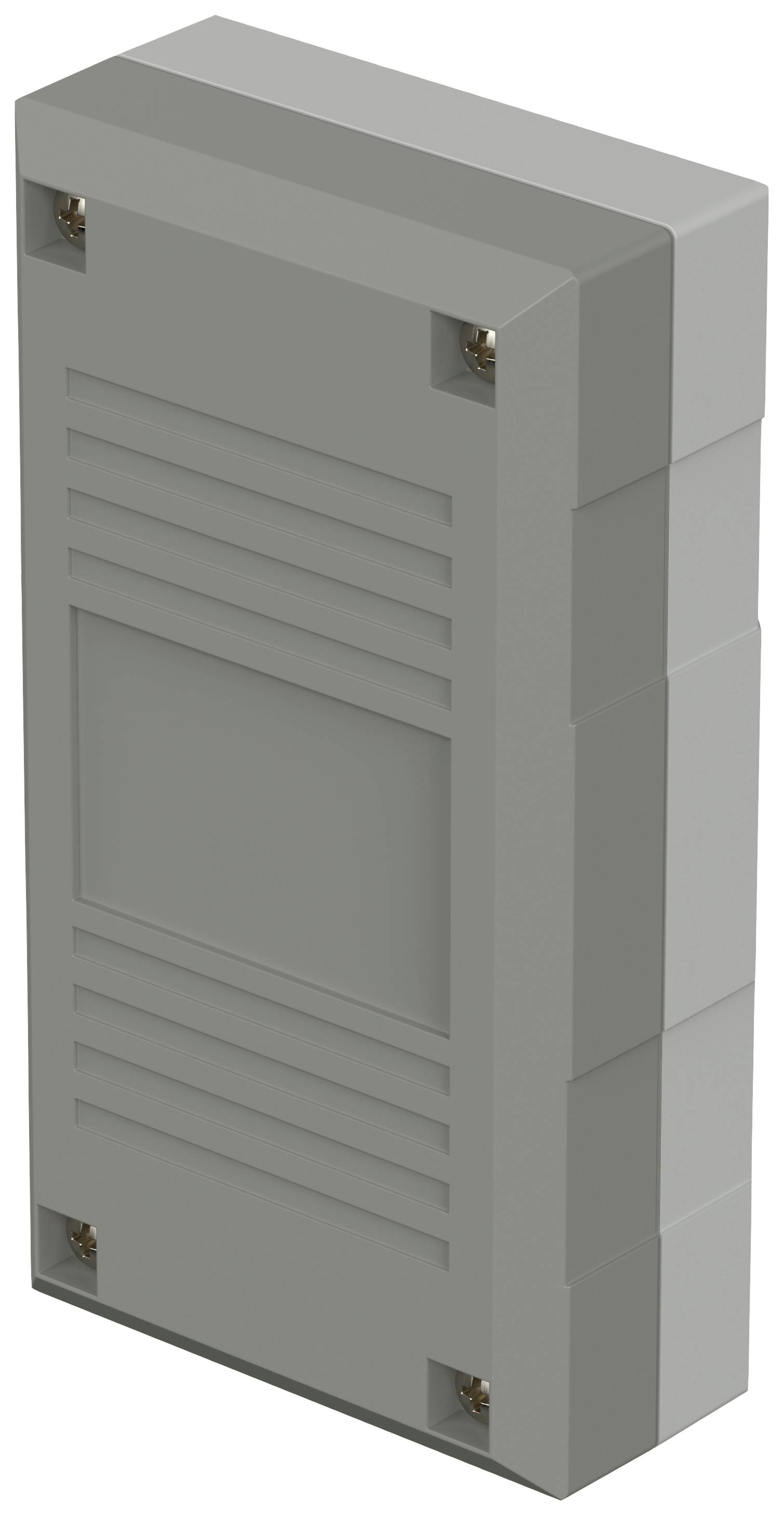 Boîtier rectangulaire gris en plastique avec surface nervurée et vis aux angles, probablement destiné à des composants électroniques.