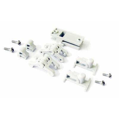 Un ensemble de six attaches en plastique blanc avec des vis, probablement destinées à la fixation de pièces de mobilier ou d'autres objets.