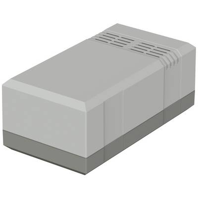Un boîtier rectangulaire gris avec des fentes de ventilation sur le dessus. Probablement un appareil électronique ou un composant.