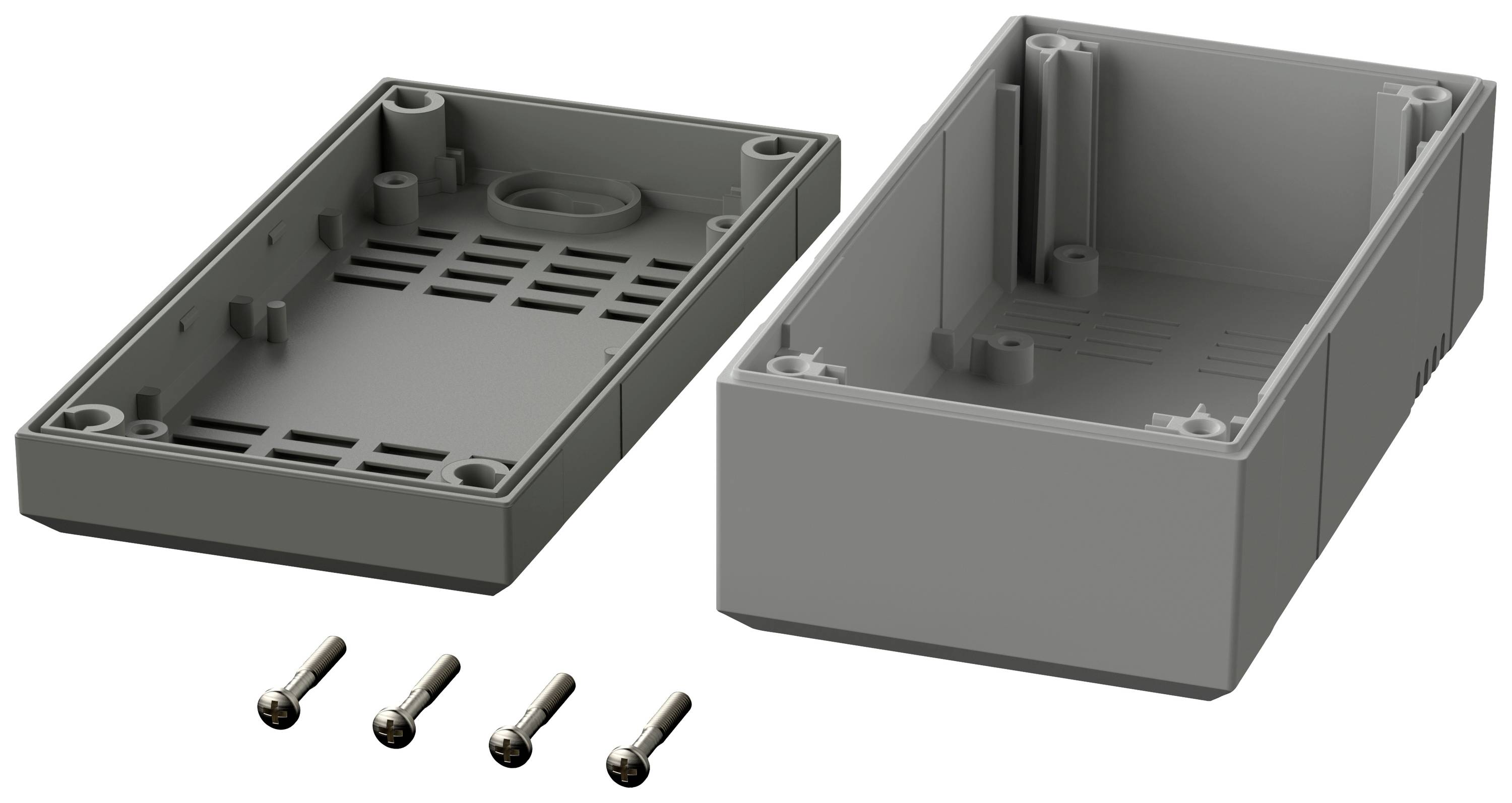 Un boîtier rectangulaire en plastique gris, composé de deux parties. Quatre vis sont disposées devant pour l'assemblage.