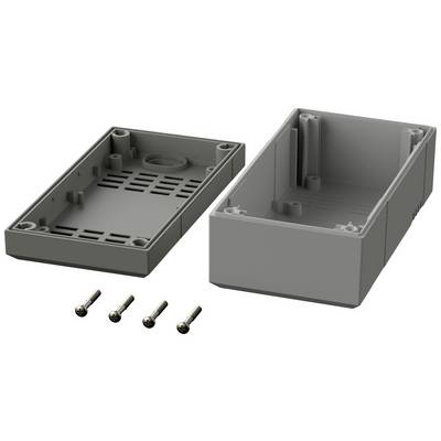 Un boîtier rectangulaire en plastique gris, composé de deux parties. Quatre vis sont disposées devant pour l'assemblage.