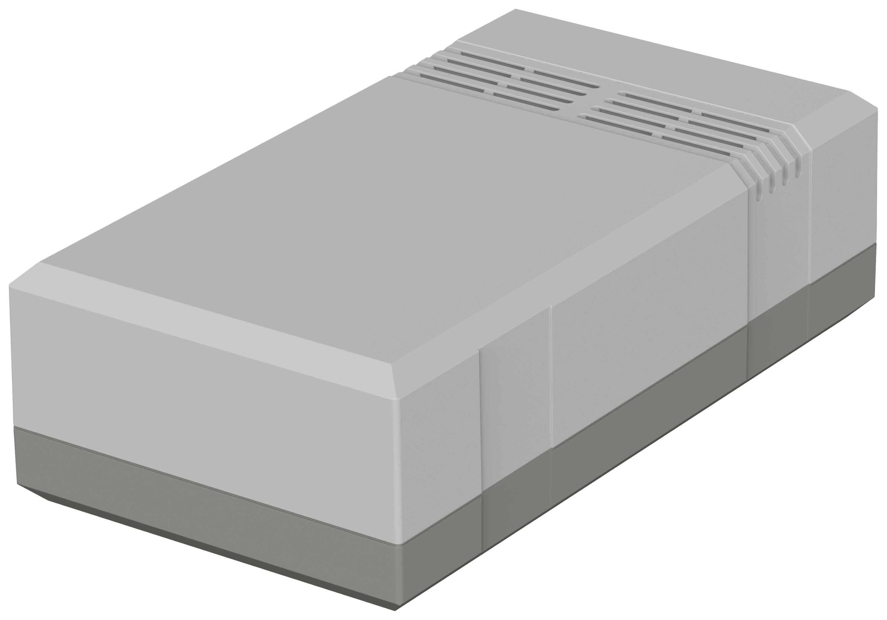 Boîtier électronique rectangulaire gris avec des fentes de ventilation, adapté aux applications industrielles.