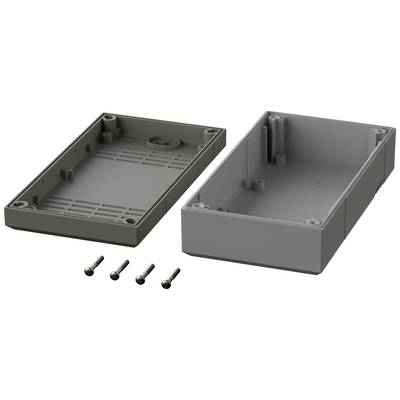 Un boîtier rectangulaire gris en plastique, composé de deux moitiés, ouvert. Quatre vis sont disposées devant.