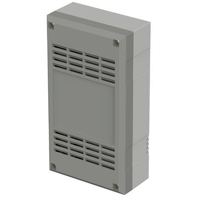 Boîtier électrique gris rectangulaire avec des fentes de ventilation en haut et en bas ; utilisé pour loger des composants électroniques.